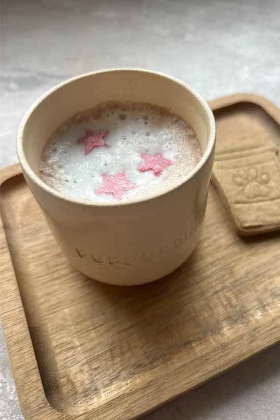 Een recept voor chocolademelk voor honden in en puppuccino handgemaakte keramische mok gemaakt door Iris Floor Ceramics voor RAWR pets het kopje is beige van kleur en is gedecoreerd met roze sterren
